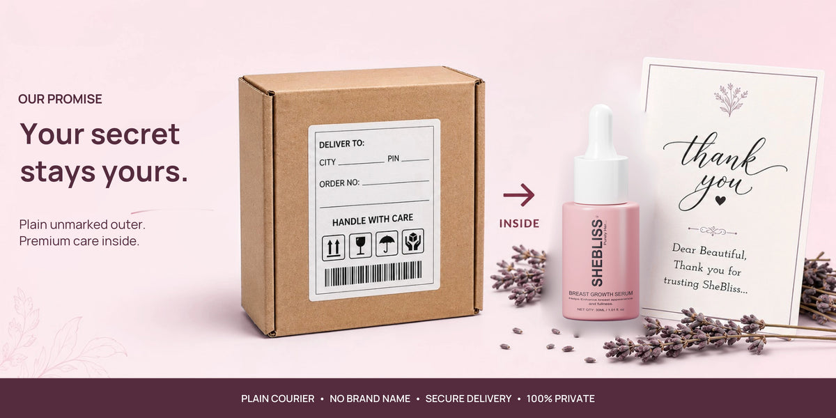 SheBliss Breast Growth Serum with discreet delivery packaging
