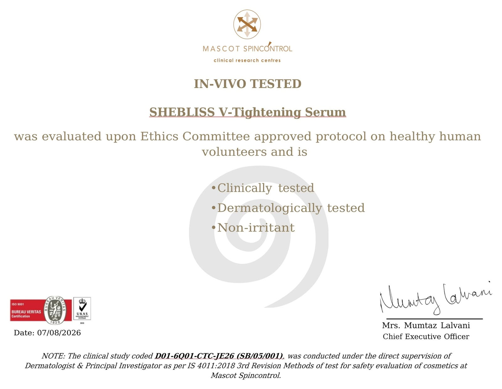 SheBliss VT clinical safety certificate from Mascot Spincontrol